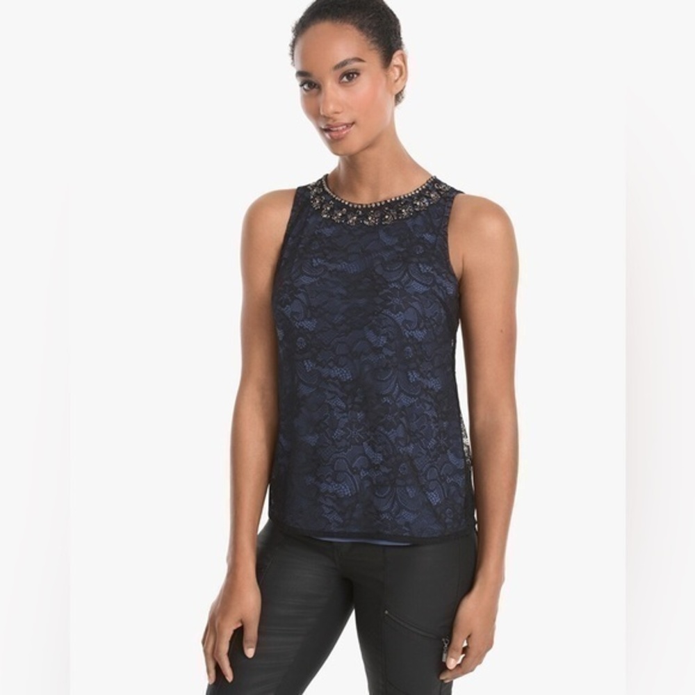 White House Black Market Blue Black Sleeveless Lace Shell Top XXS AE19